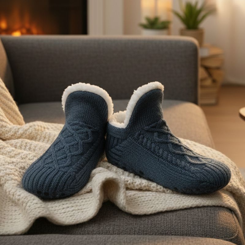 Unisex fleece-lined slipper socks with non-slip grips, soft warm cozy home loungewear