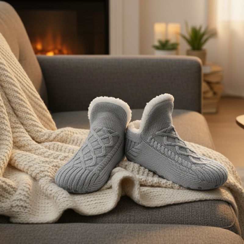 Unisex fleece-lined slipper socks with non-slip grips, soft plush warmth for cozy indoor comfort
