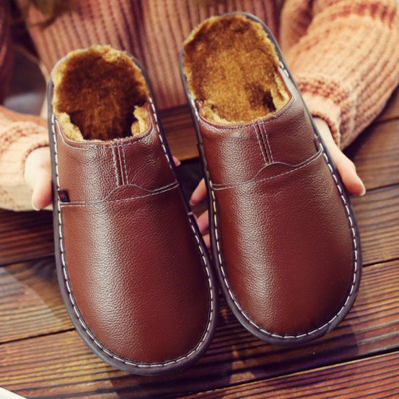 Waterproof synthetic leather wide fit slippers in neutral tones with moisture-resistant upper for all-day warmth