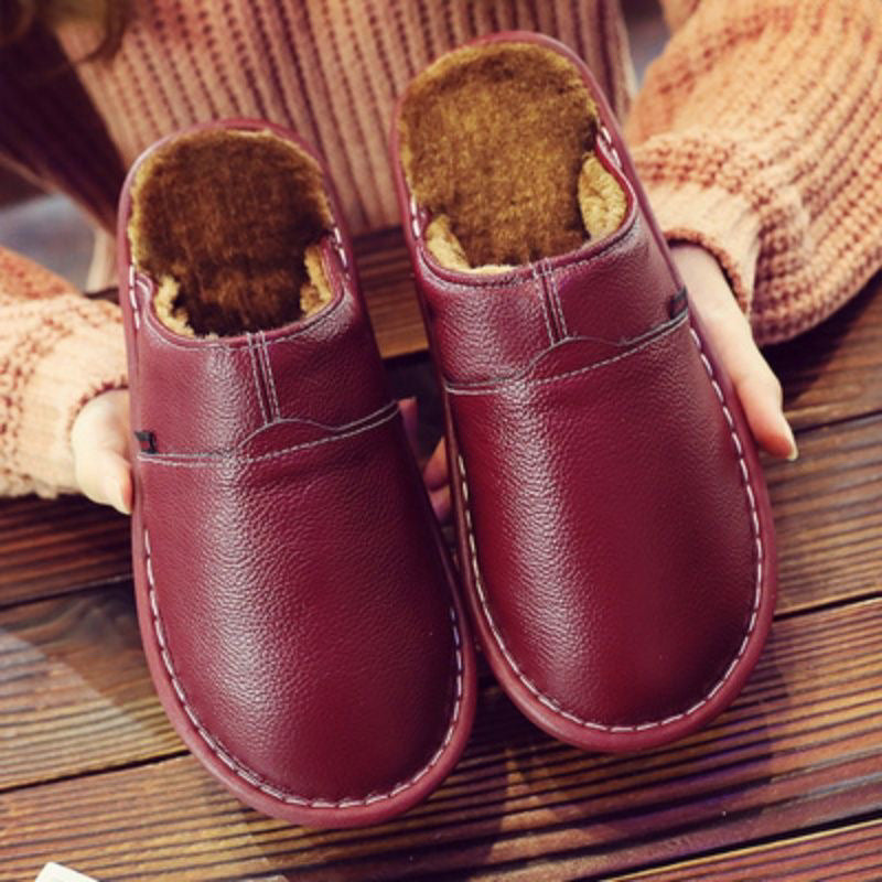 Waterproof synthetic leather wide-fit slippers, warm cold weather home comfort slip-on footwear