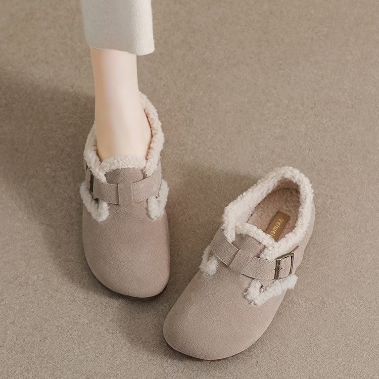 Women's tan suede clogs with plush fleece lining, arch support footbed, slip-on cozy style