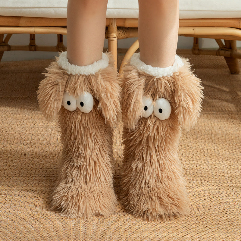 Women's plush fleece-lined slipper socks in soft faux fur with cute puppy dog design for cozy warmth