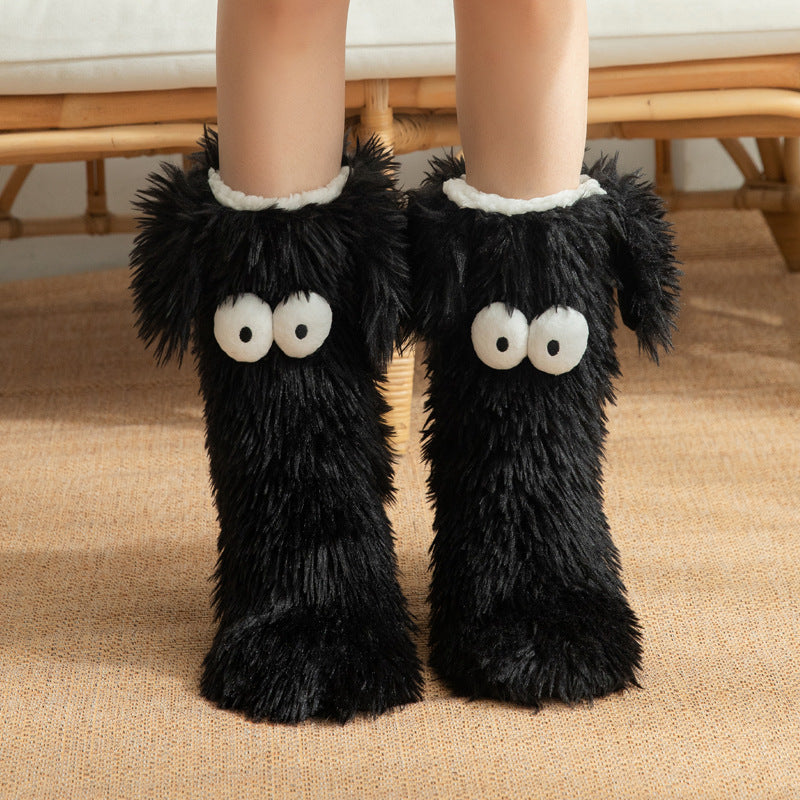 Women's plush fleece-lined slipper socks in soft faux fur with cute puppy dog detail design