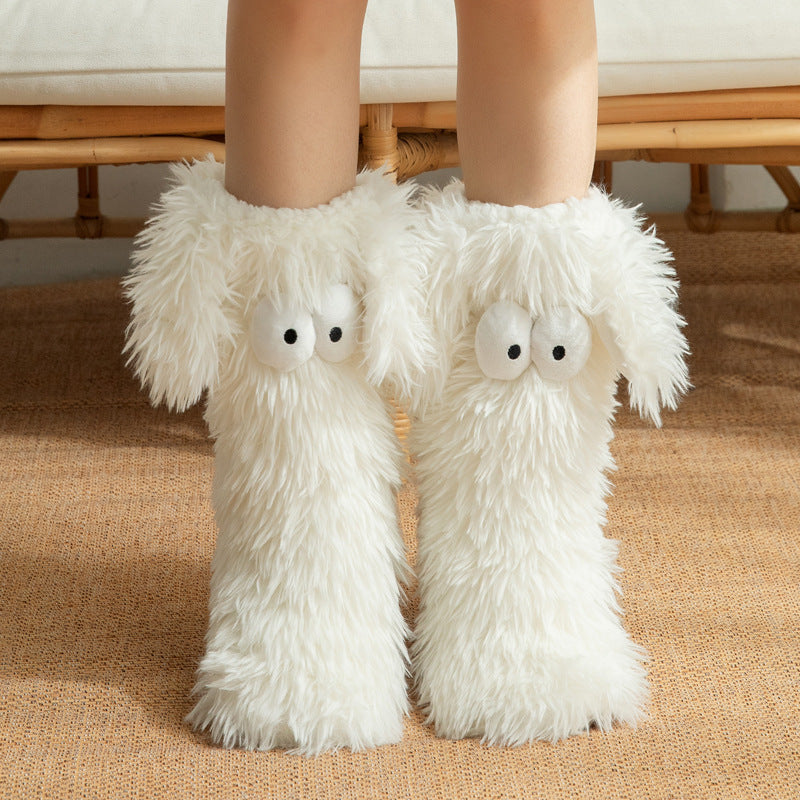 Women's plush fleece-lined slipper socks in soft faux fur with cute dog puppy detail for cozy warmth