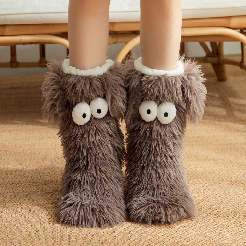 Women's plush fleece-lined slipper socks in soft faux fur with cute puppy dog detail design