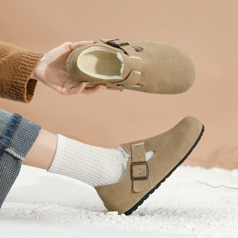 Women's fleece lined suede loafers with arch support, warm winter casual enclosed slip-on shoes