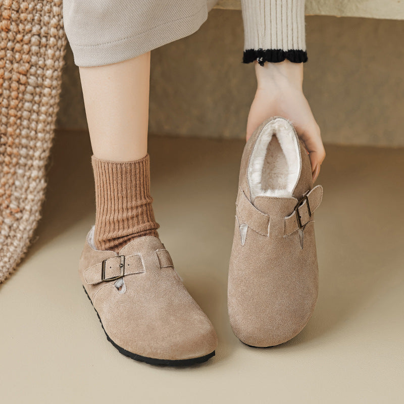Women's fleece lined suede loafers with arch support buckle detail for warm winter comfort