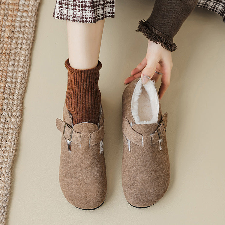 Women's fleece-lined suede loafers with arch support buckle detail for warm winter comfort