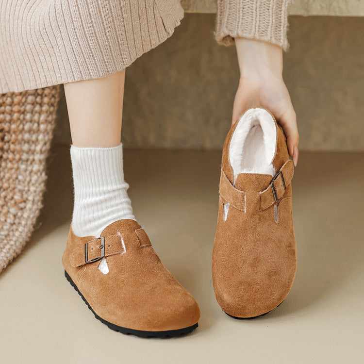 Women's fleece lined suede loafers with arch support buckle detail for warm winter comfort