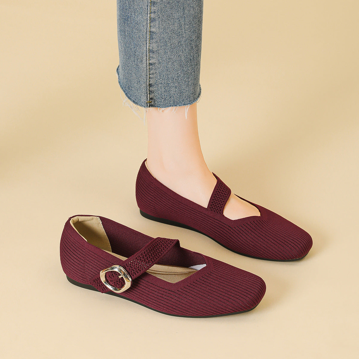 Women's orthopedic Mary Jane flats with breathable knit upper, square-toe V-cut design for all-day arch support