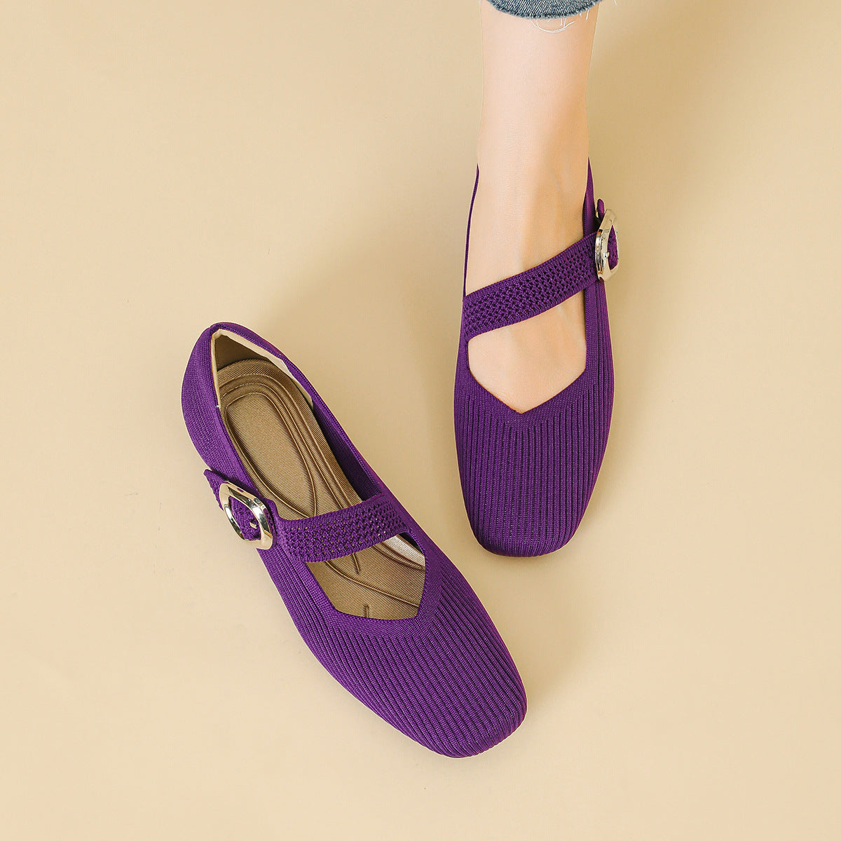 Women's orthopedic Mary Jane flats with breathable knit upper, square-toe V-cut design for all-day arch support