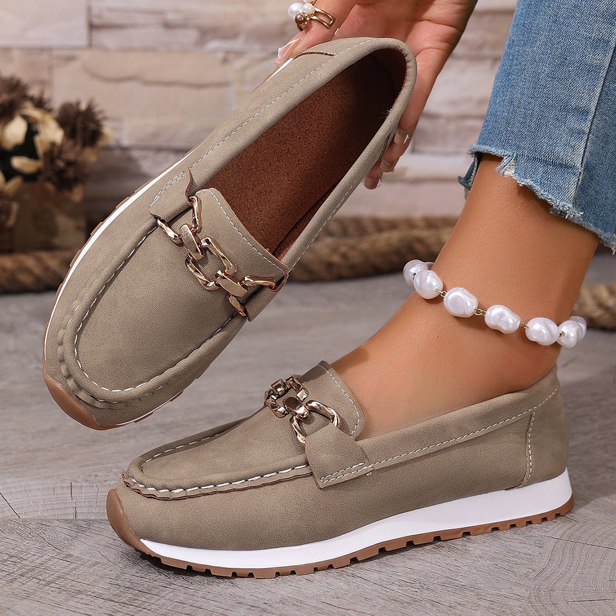 Women's brown suede orthopedic loafers with arch support, classic slip-on style for all-day comfort