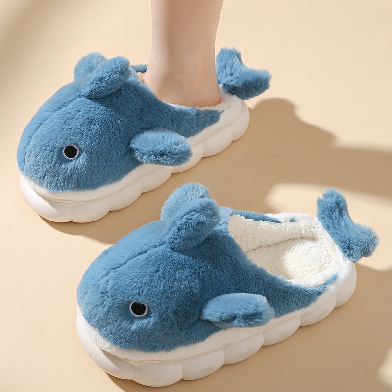 Gray plush shark slippers unisex non-slip indoor house shoes with fin and eye details
