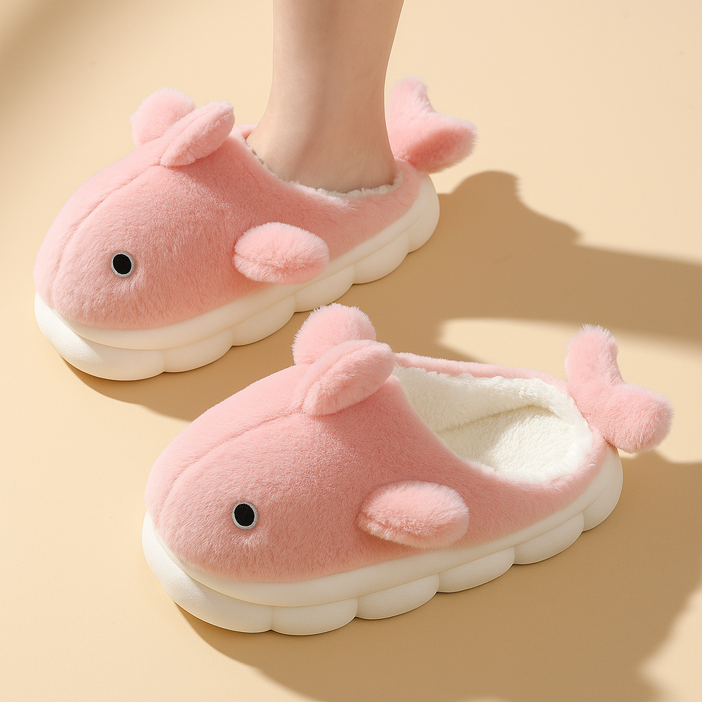 Gray plush shark slippers unisex non-slip indoor house shoes with fin detail for cozy comfort