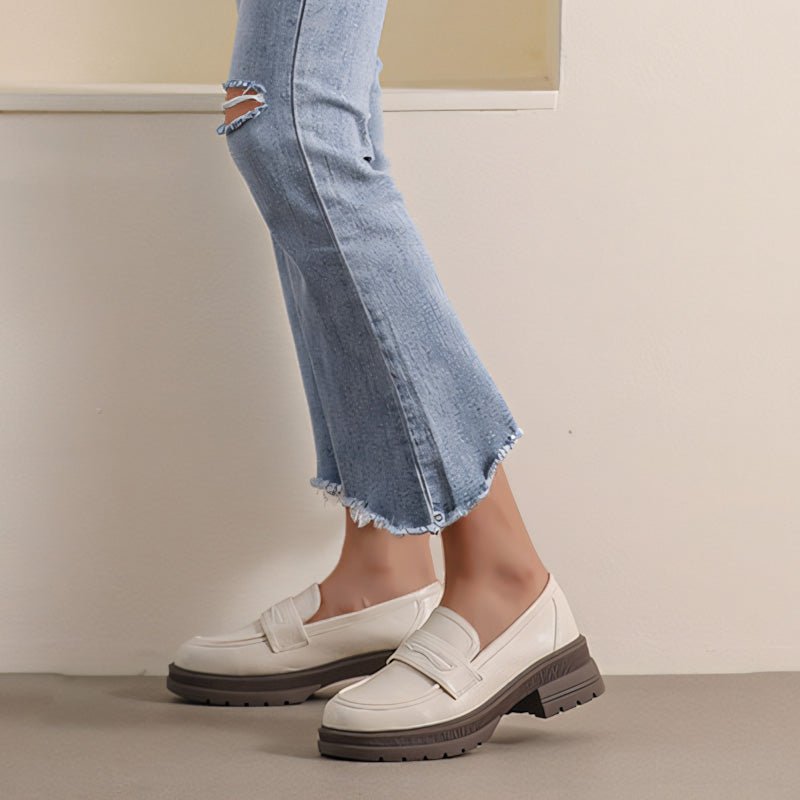 Women's slip-on chunky loafers wide fit orthopedic footbed beige neutral tone all-day comfort