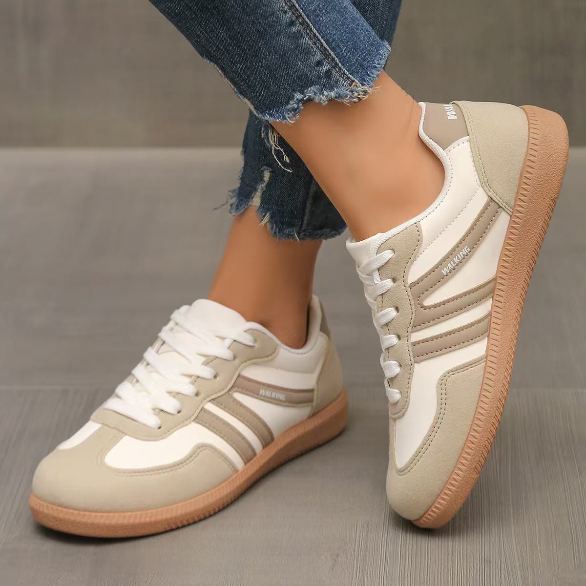 Women's wide fit suede orthopedic trainers in neutral tones with cushioned arch support insole