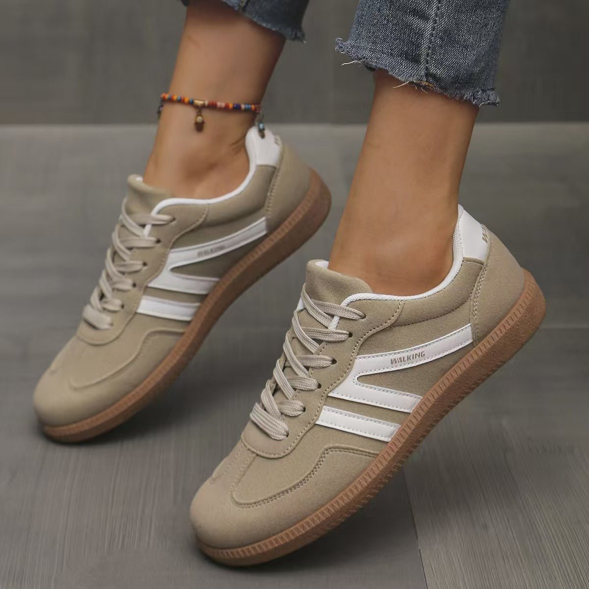 Women's wide fit suede orthopedic trainers in neutral tones with cushioned arch support insole