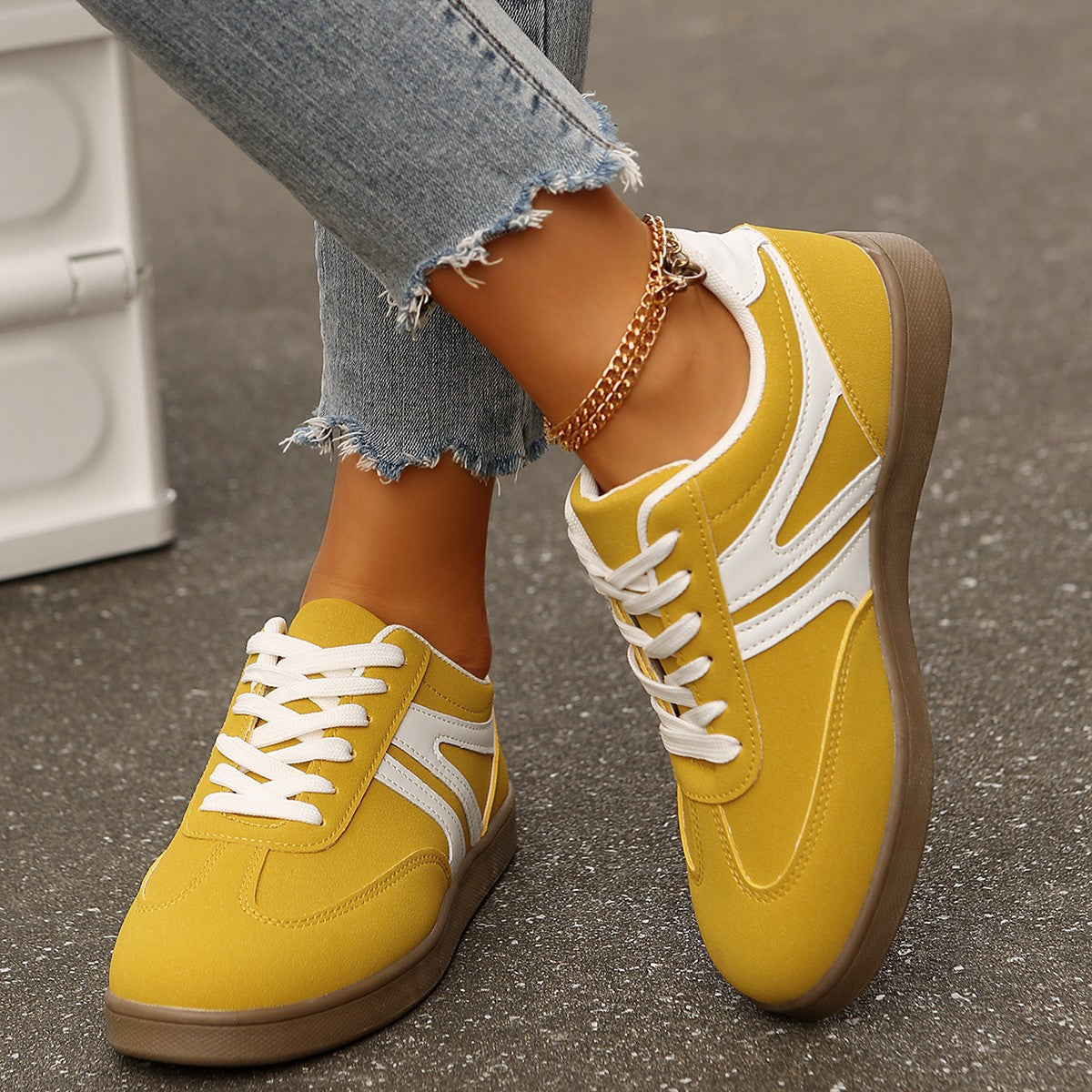 Women's wide fit vegan suede lace-up sneakers with arch support, retro stripe detail, orthopedic comfort