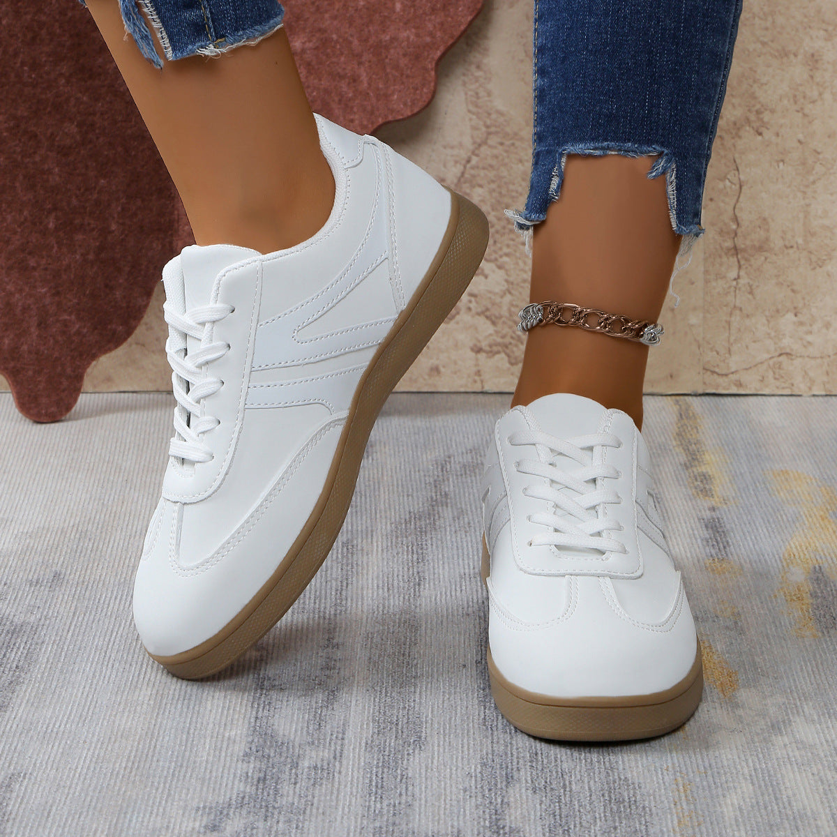 Women's wide fit vegan suede lace-up sneakers with arch support, retro stripe detail, orthopedic comfort