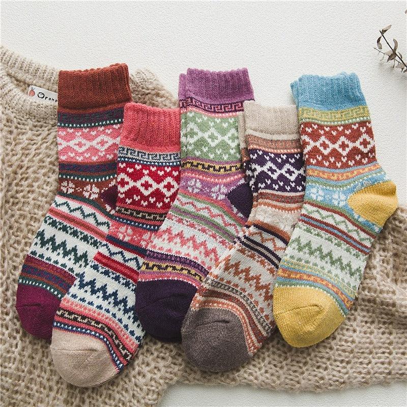 5 Pairs Warm Wool Blend Winter Socks with Nordic Scandinavian Patterns