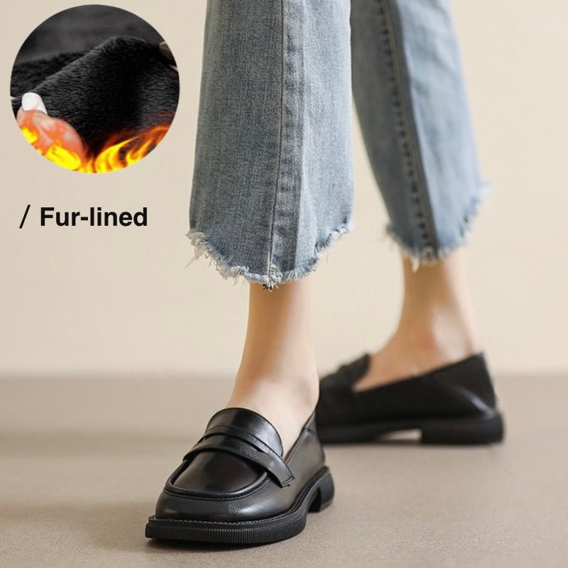 Women's black chunky platform loafers with arch support, wide fit British-style orthopedic comfort shoes