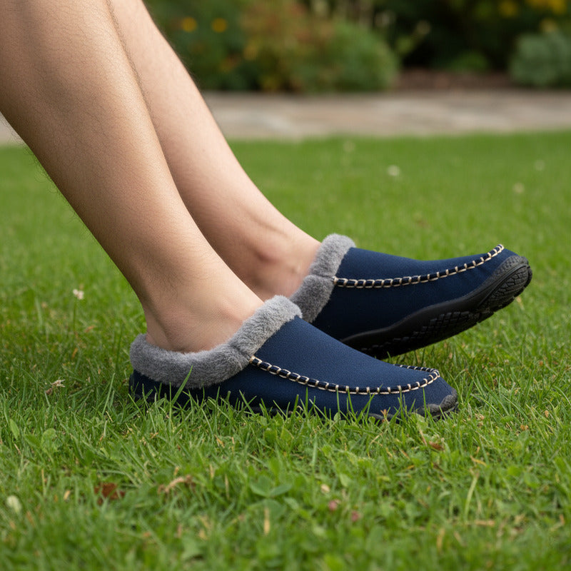 Unisex memory foam mule slippers with plush fleece lining, arch support, and wide toe box