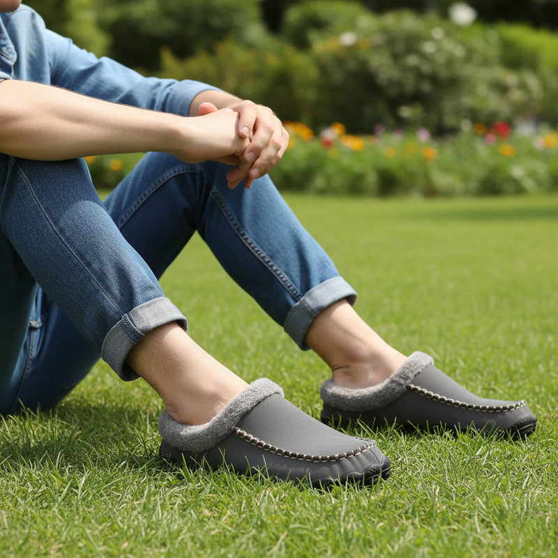 Unisex memory foam mule slippers with plush fleece lining, arch support, and wide toe box