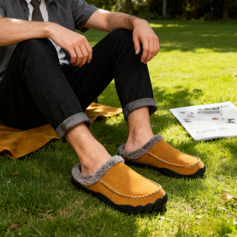 Unisex memory foam mule slippers with plush fleece lining, arch support, and wide toe box