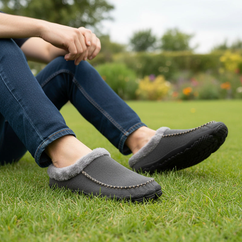 Unisex memory foam mule slippers with plush fleece lining, arch support, and wide toe box