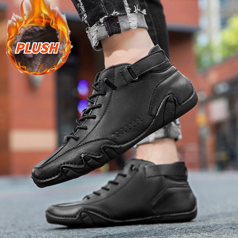 Unisex orthopedic brown leather winter boots with wide toe box and plush faux fur lining