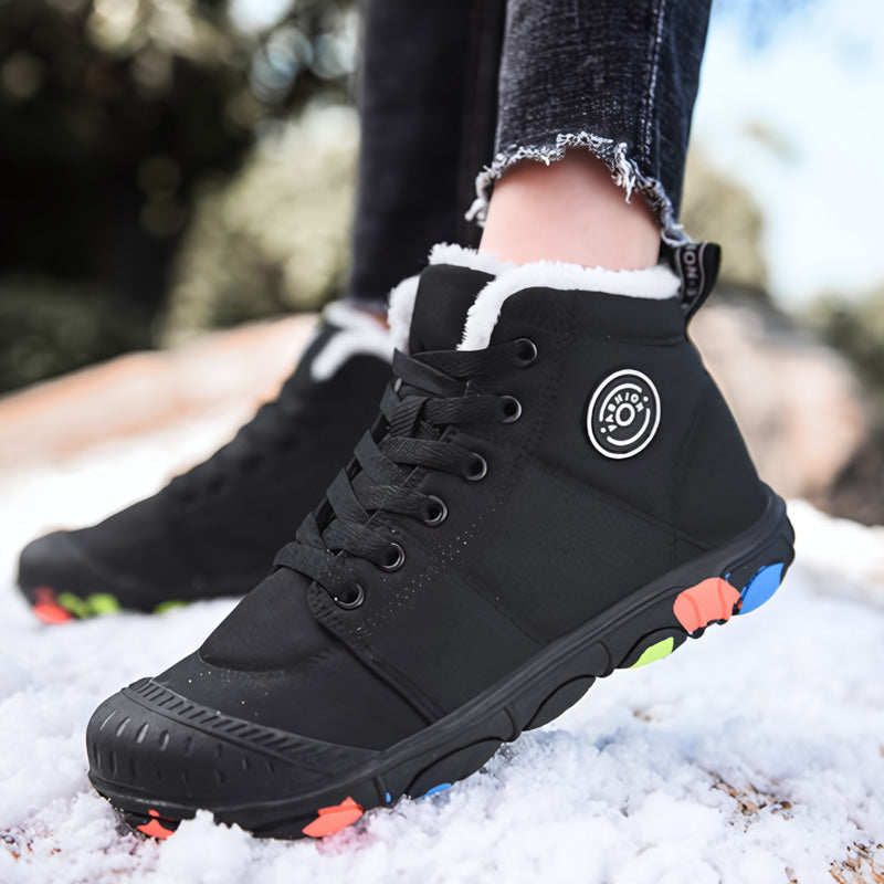 Kids waterproof winter boots with warm fleece lining, wide toe box, and non-slip grip sole