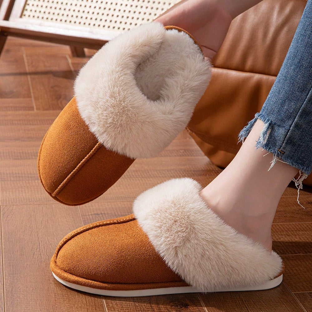 Women's cozy plush faux fur lined slippers with anti-slip sole for warm home comfort