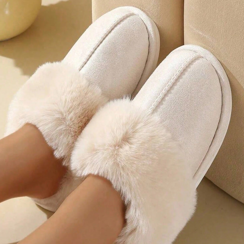 Women's cozy plush faux fur lined slippers with anti-slip sole, warm home footwear in neutral tones