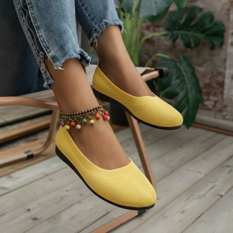 Women's knit loafer flats in neutral tone, wide fit with arch support, lightweight breathable comfort shoes