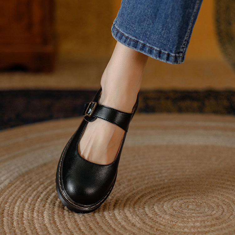 Women's black premium leather Mary Jane flats with arch support strap and orthopedic comfort sole