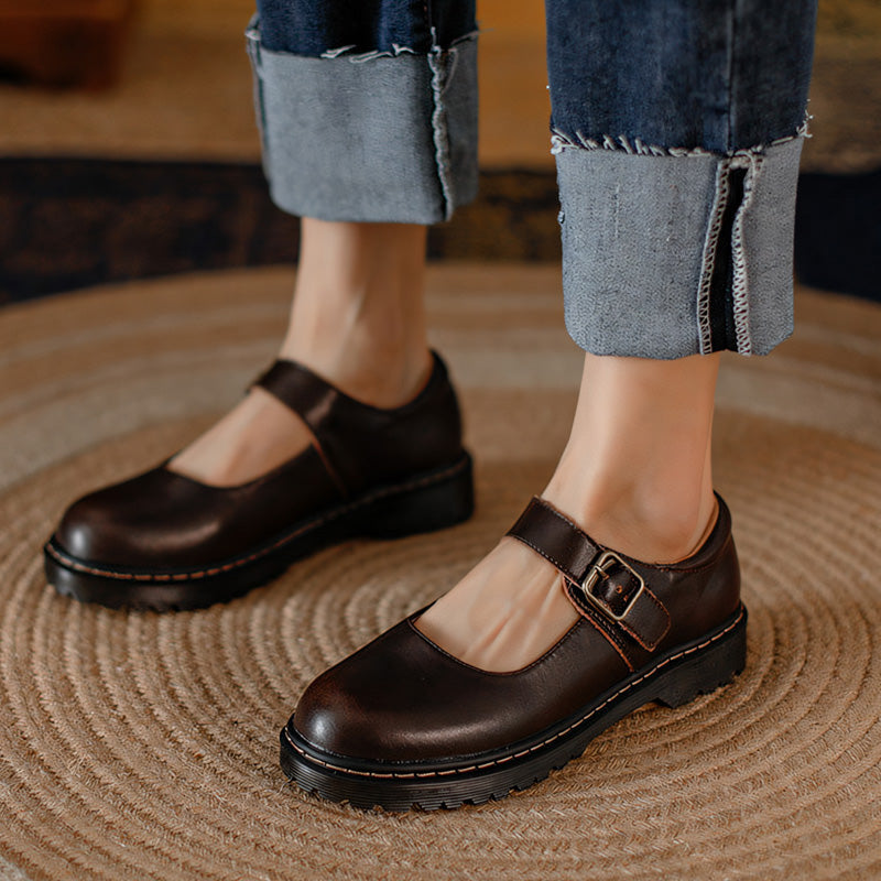 Women's black premium leather Mary Jane flats with arch support strap and orthopedic comfort sole