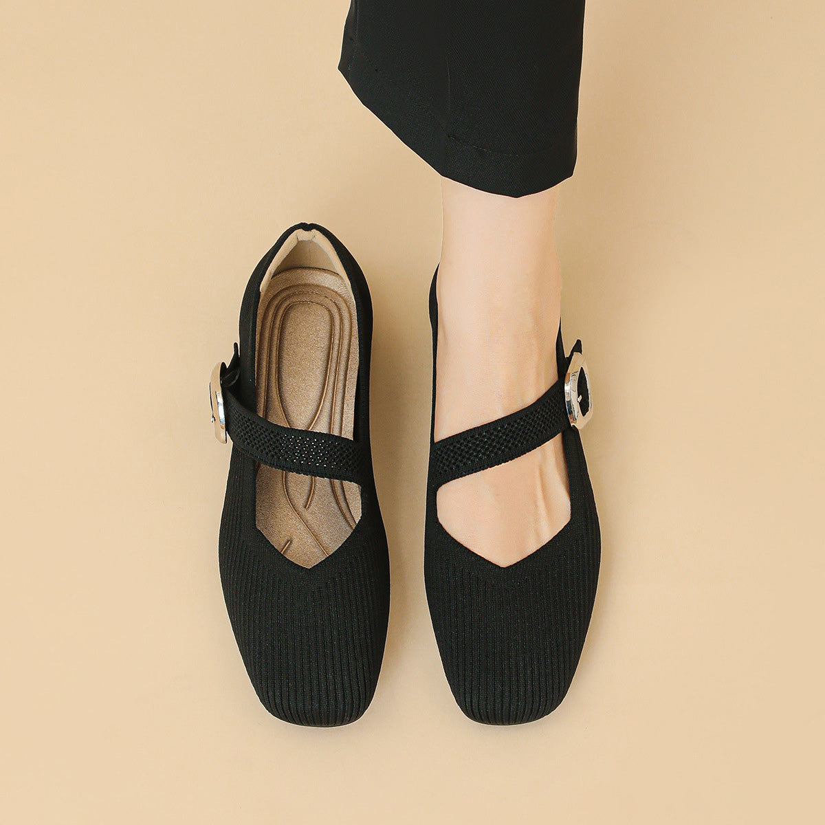 Women's orthopedic Mary Jane flats with breathable knit upper, square toe, V-cut strap, arch support