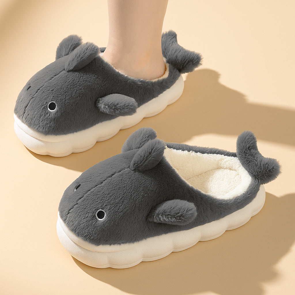 Gray shark-shaped unisex plush slippers with fins and eyes, non-slip cozy indoor house shoes