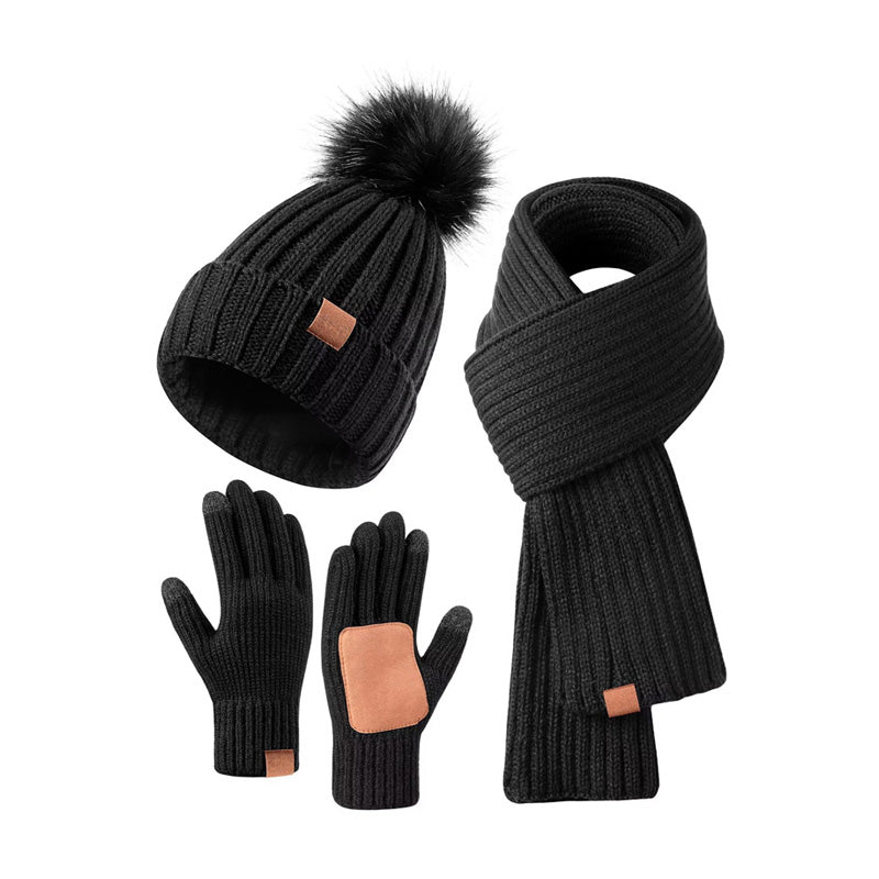 Women's 3-in-1 winter knit beanie scarf gloves set touchscreen tips cold weather