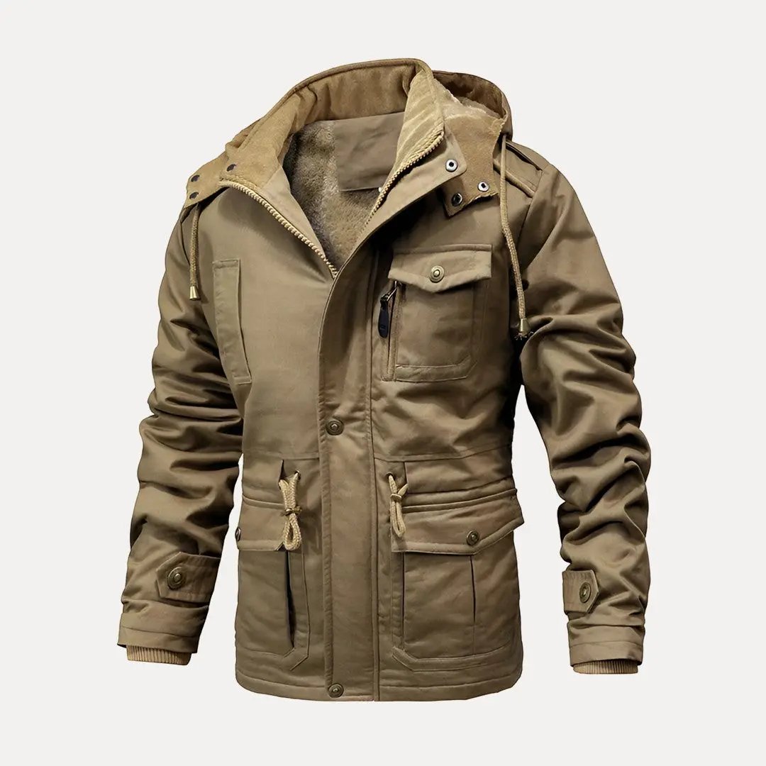 Men's olive tactical utility jacket waterproof hooded with thermal reflective insulation for hunting