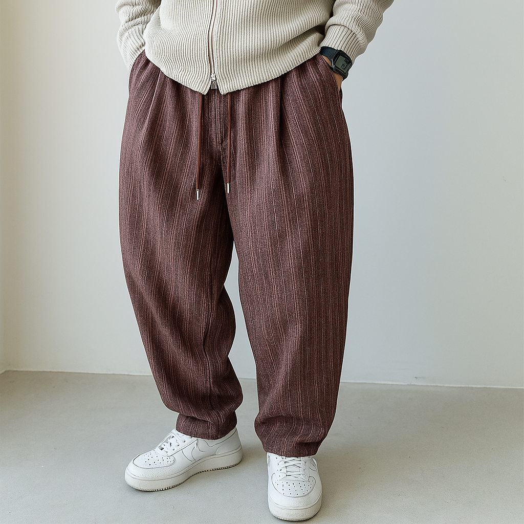 Men's gray herringbone sweatpants relaxed tailored fit with drawstring waistband premium weave