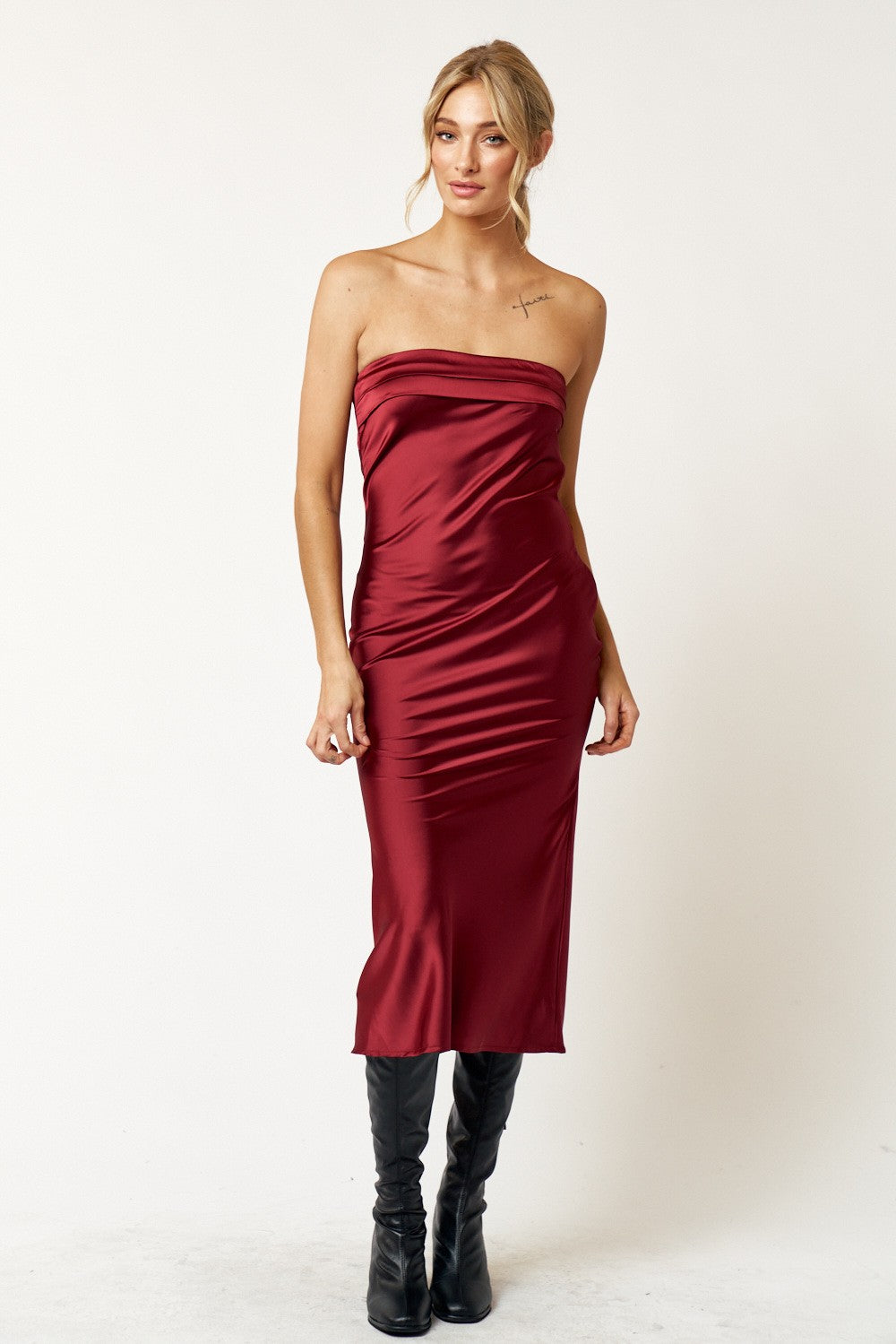 Women's orange satin strapless midi dress with cowl back, sleek silhouette for semi-formal events