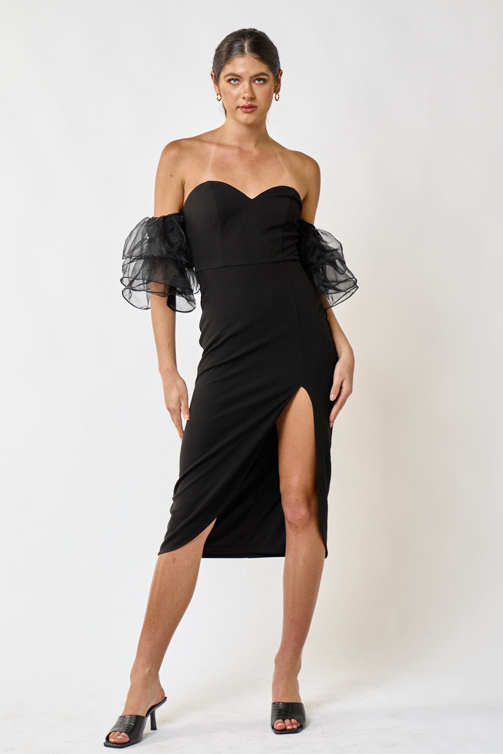 Women ivory off-shoulder organza midi dress with voluminous ruffle sleeves and subtle sheen