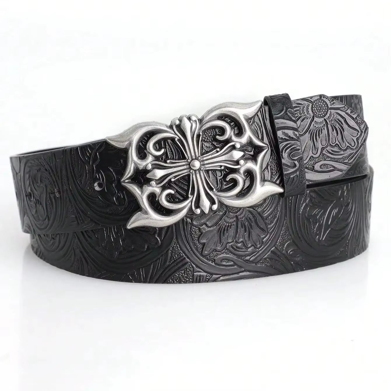 Vegan leather belt antique silver ornate buckle embossed texture unisex everyday wear stainless steel