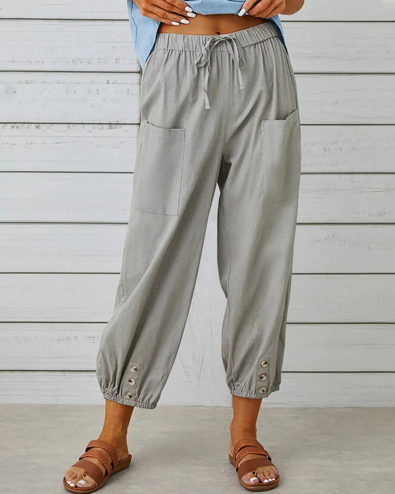 Men's casual breathable pants with elastic waistband, drawstring, and roomy patch pockets for daily wear