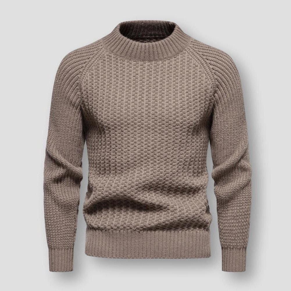 Men's beige waffle knit pullover sweatshirt with globe pattern, cozy textured cold-weather style