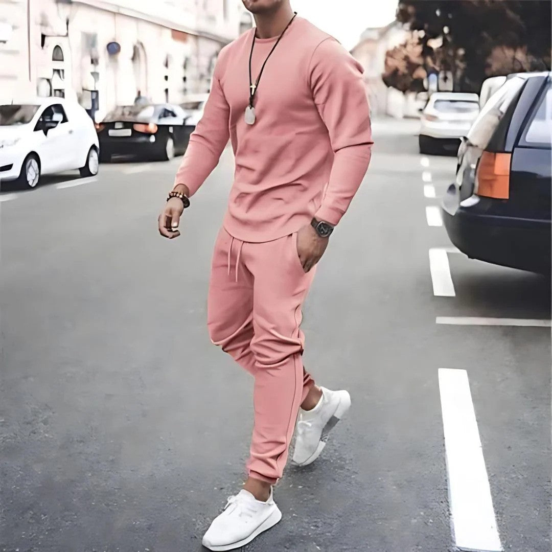 Men's gray casual two-piece tracksuit with long-sleeve top and jogger pants minimalist style