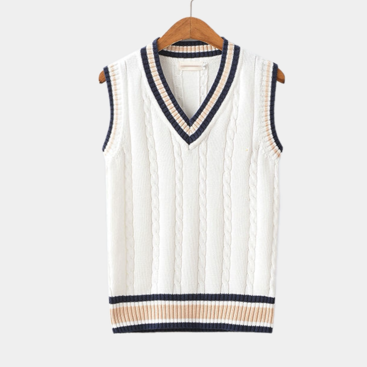 Men's navy blue V-neck knit sweater vest with classic ribbed trim, ideal for office layering