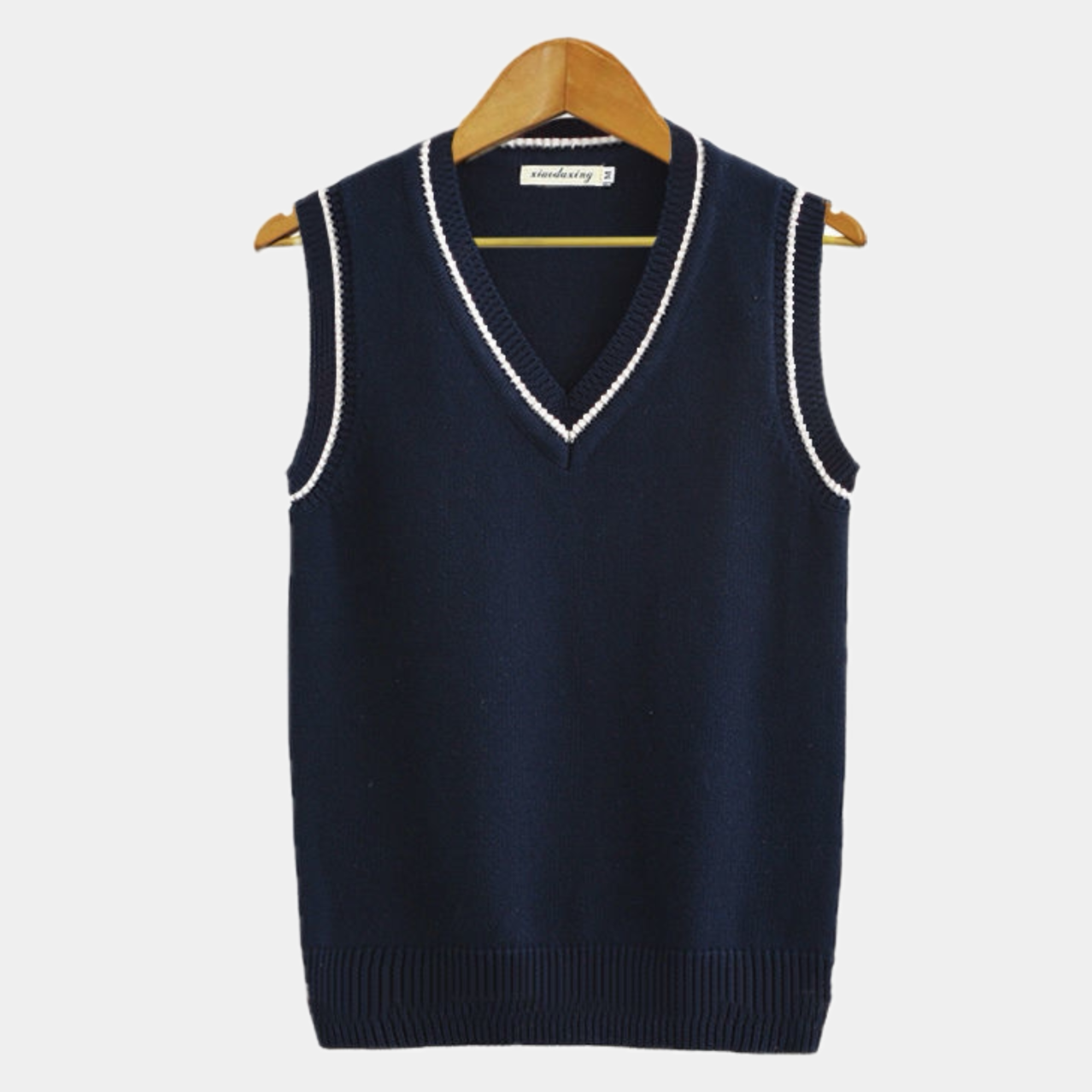 Men's classic V-neck knit sweater vest in neutral tone, slim layering cut for office wear