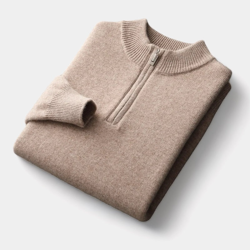 Beige men's merino wool quarter-zip jumper with extrafine breathable knit for all-day comfort